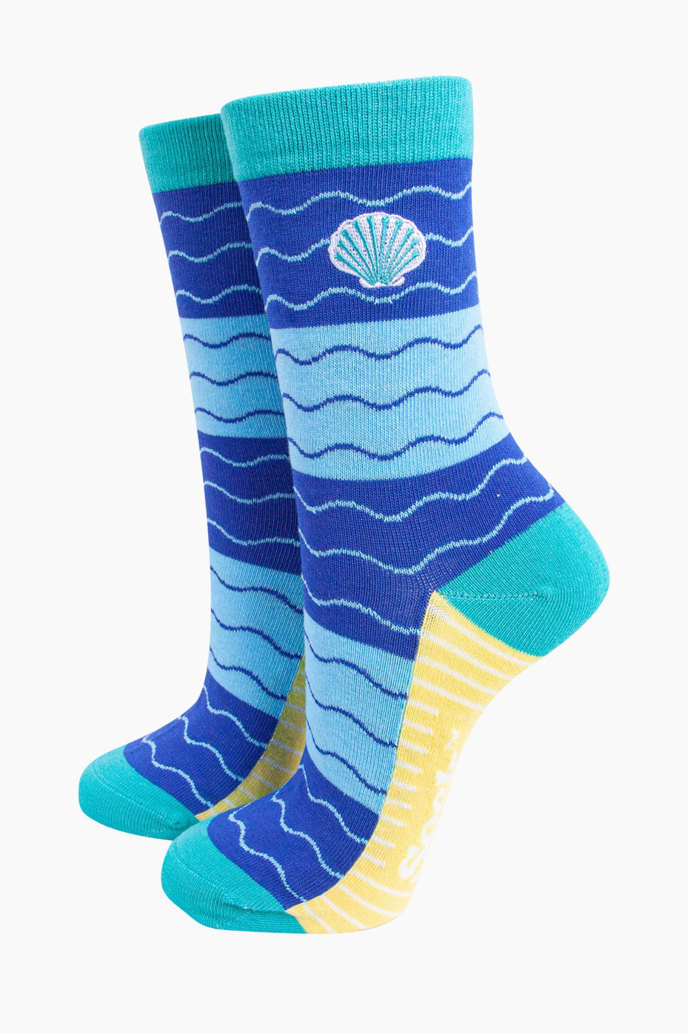 Blue Embroidered Scallop Shell Combed Cotton Socks, Image 1 of 4