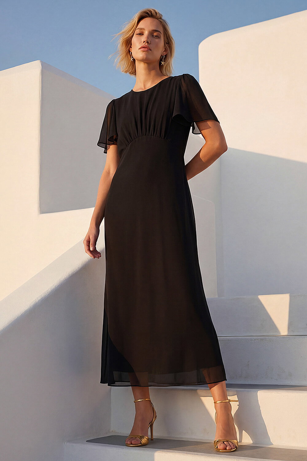 Black Flutter Sleeve Midi Dress, Image 4 of 4