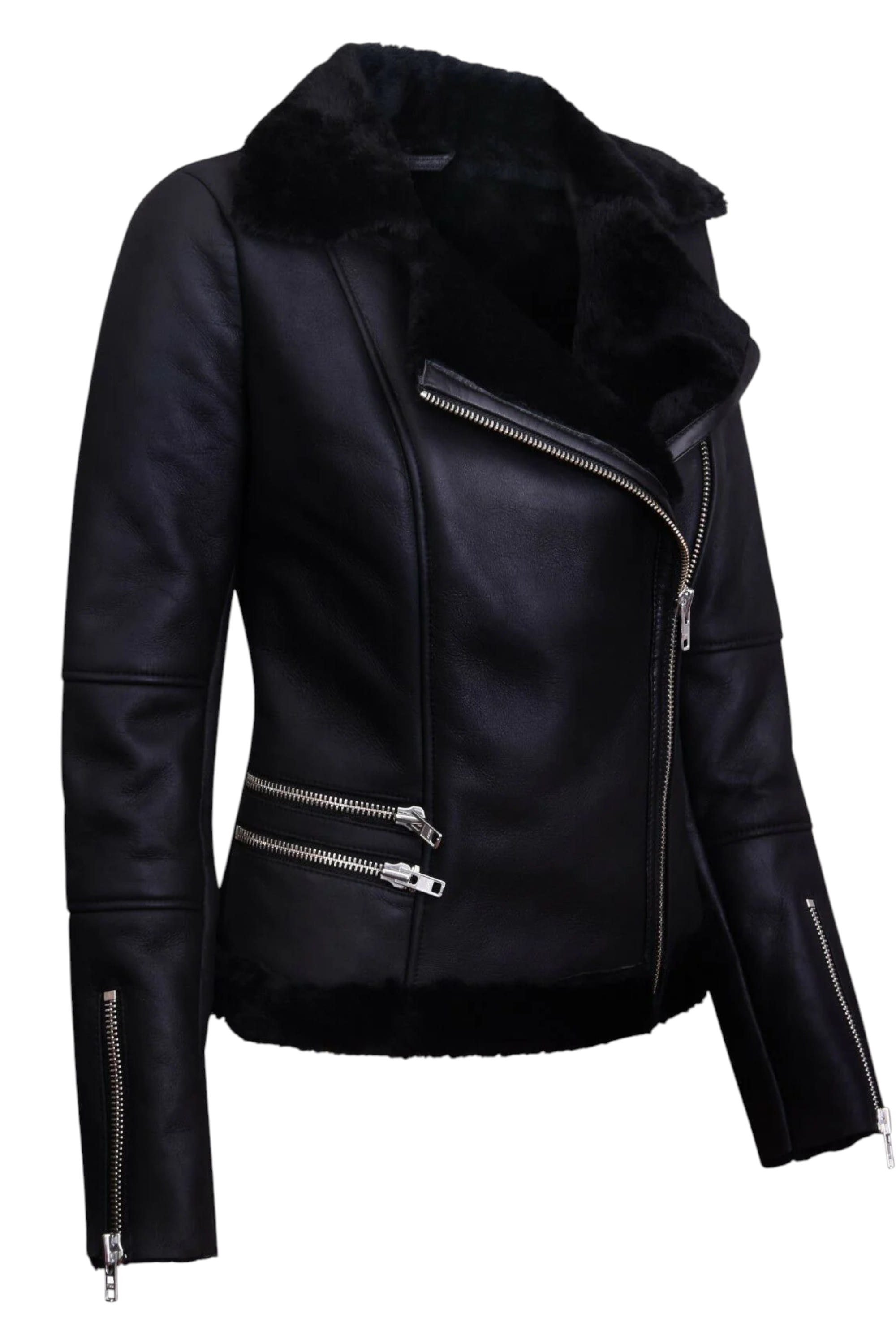 Black Shearling Sheepskin Aviator Jacket-Kiev, Image 3 of 5