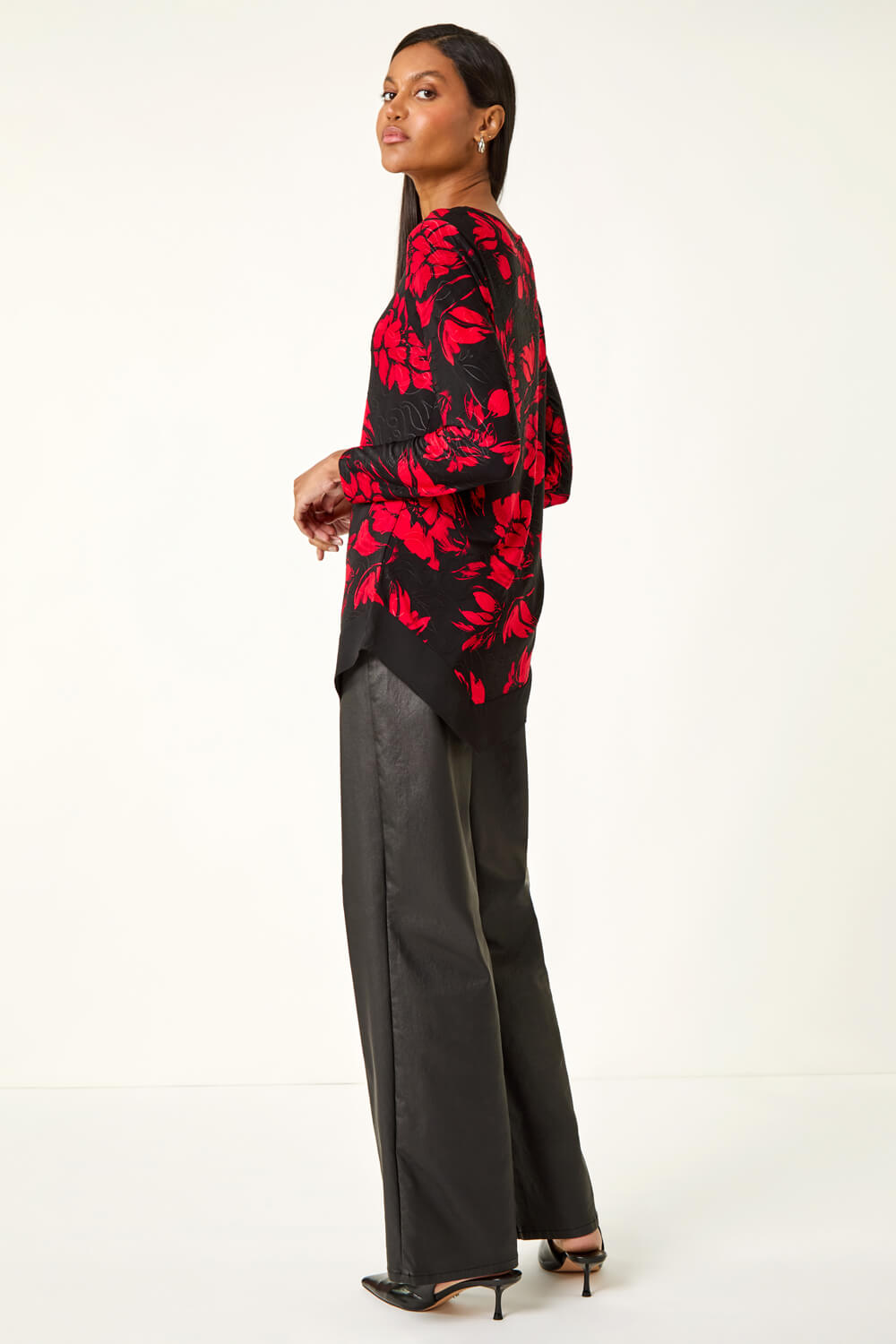 Red Floral Jacquard Chiffon Hem Top, Image 4 of 5