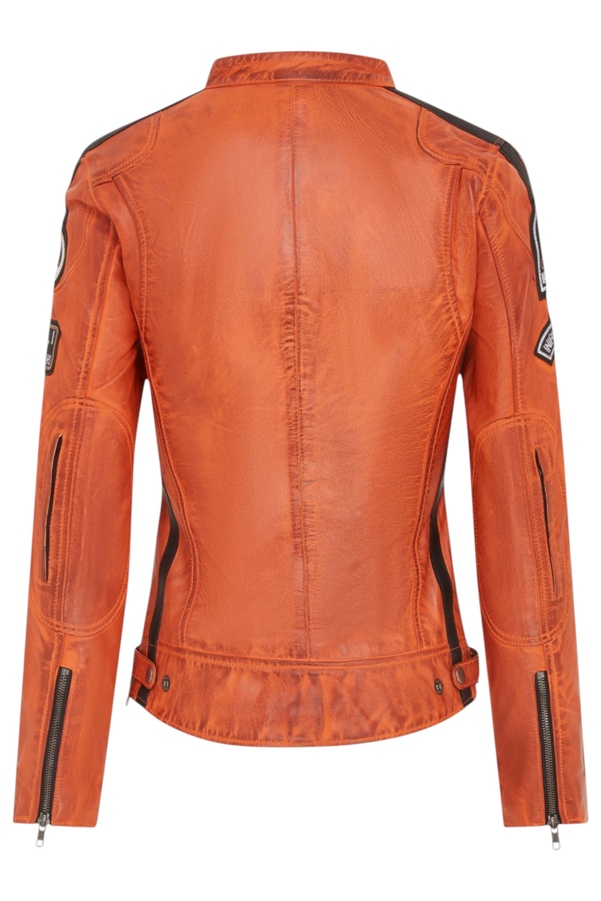 Orange Leather Biker Racing Badges Jacket, Image 4 of 5