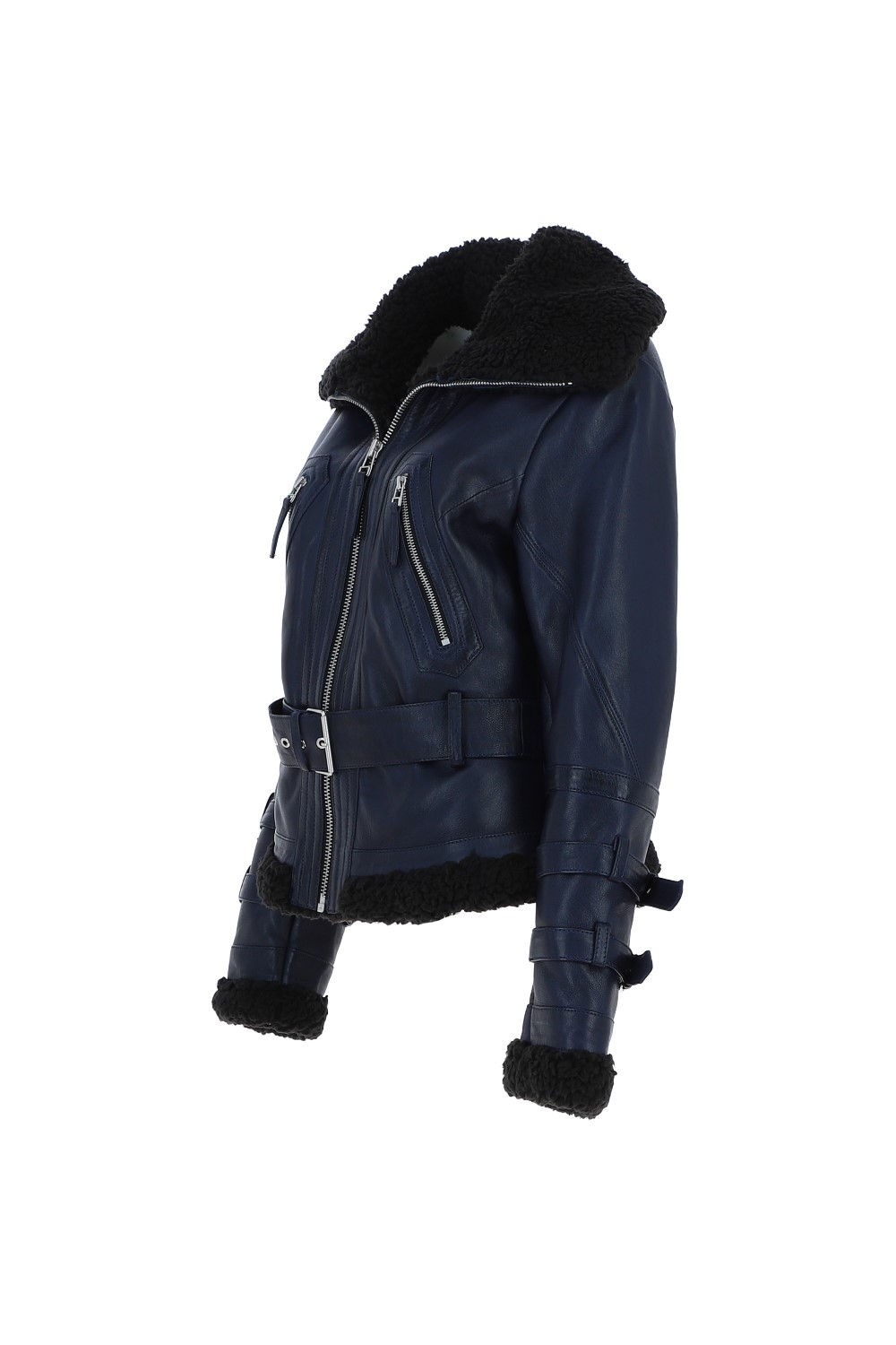 Navy Blue '2420' Ladies Leather Aviator Jacket With Oversized Fur Collar, Image 3 of 5
