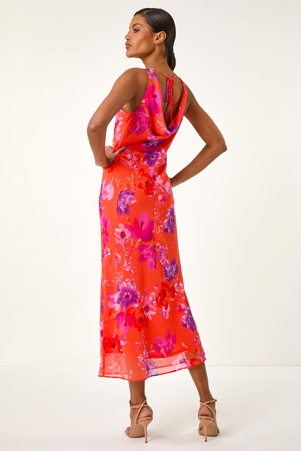 Orange Floral Cowl Neck Midi Dress, Image 1 of 5