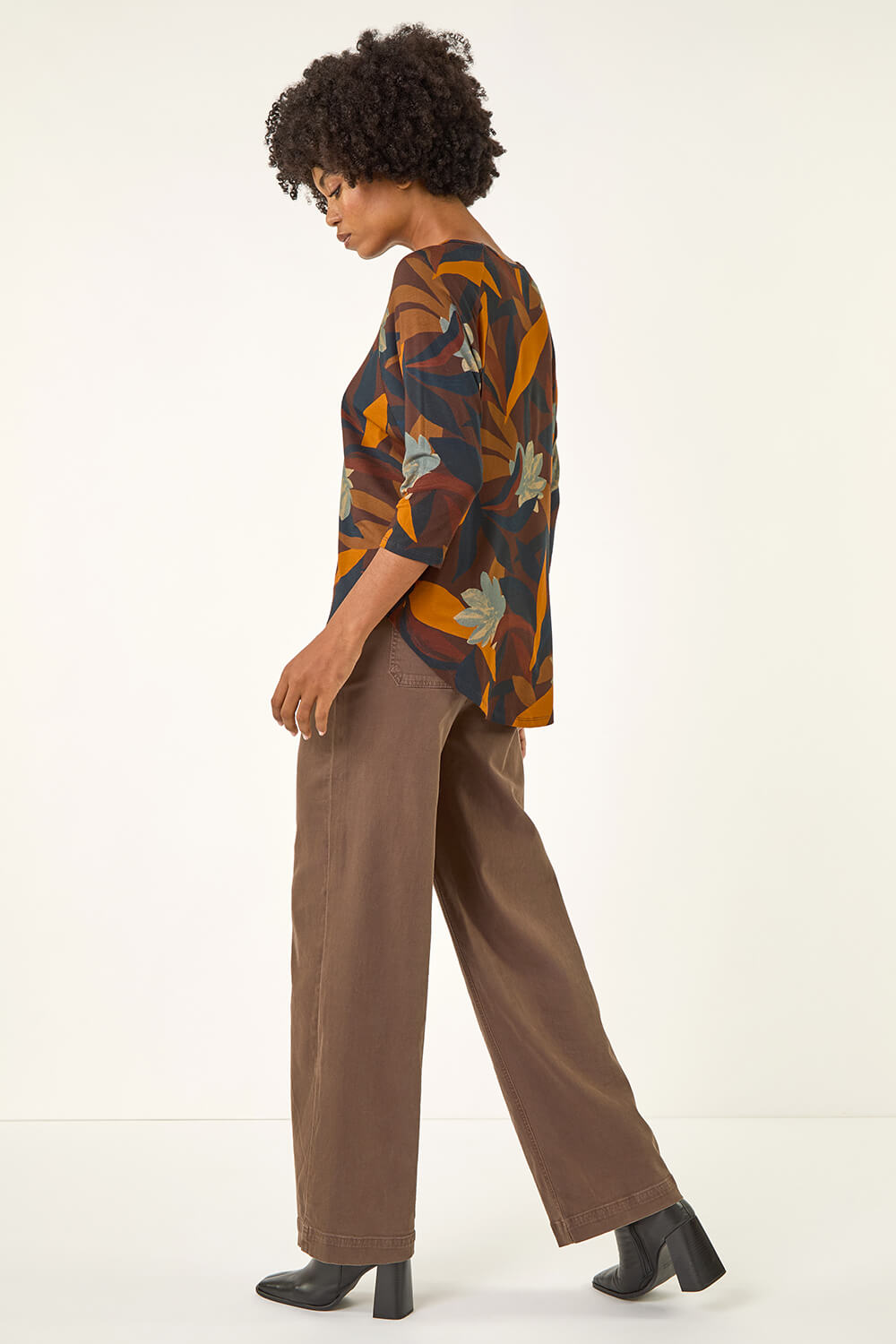 Rust Floral Print Curved Hem Top, Image 4 of 5