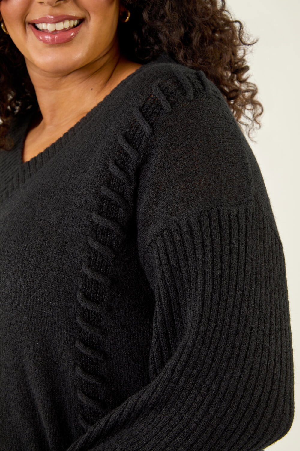 Black Curve Stitch V-Neck Knit Jumper, Image 6 of 5