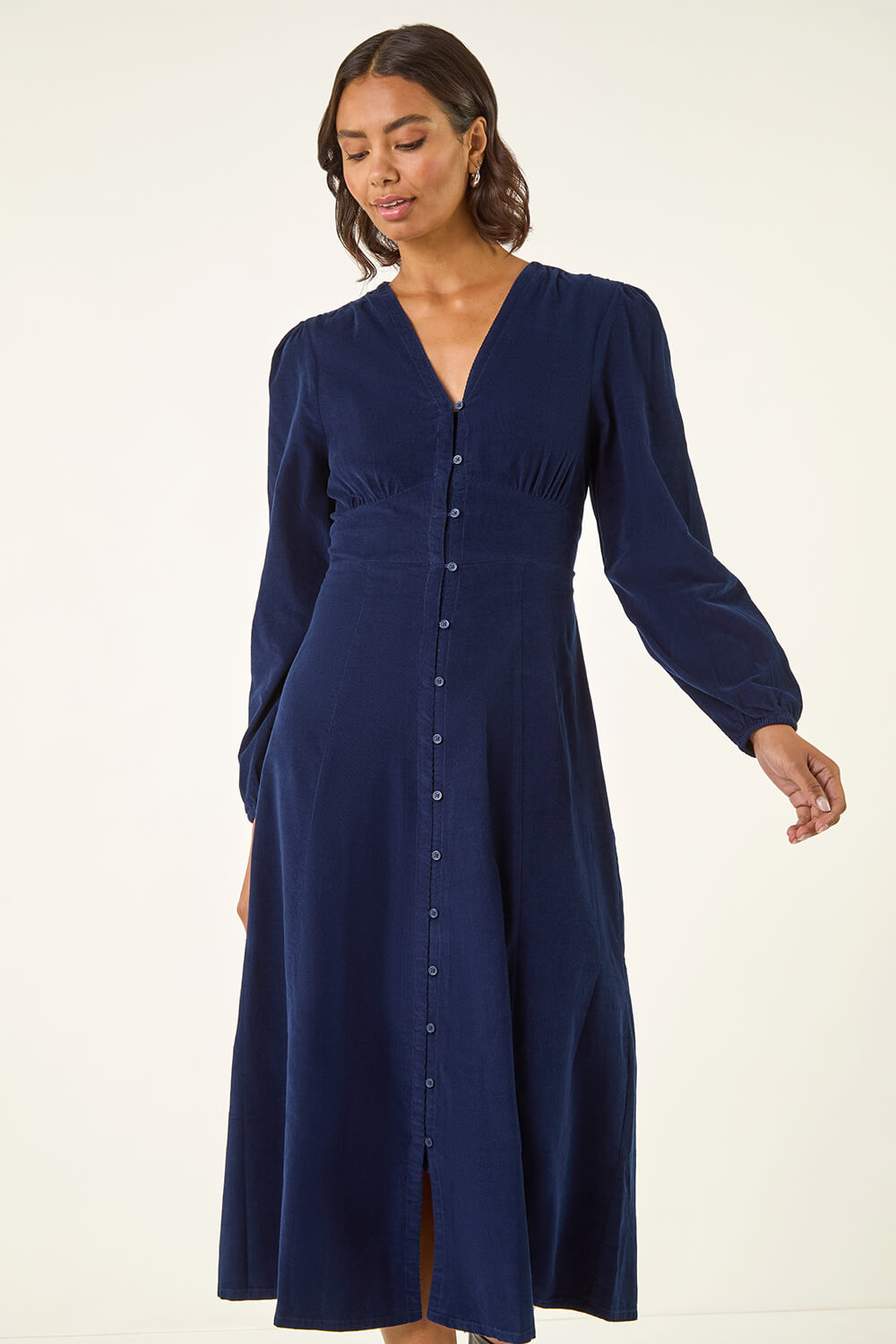 Navy Corduroy Button Down Midi Dress, Image 1 of 5