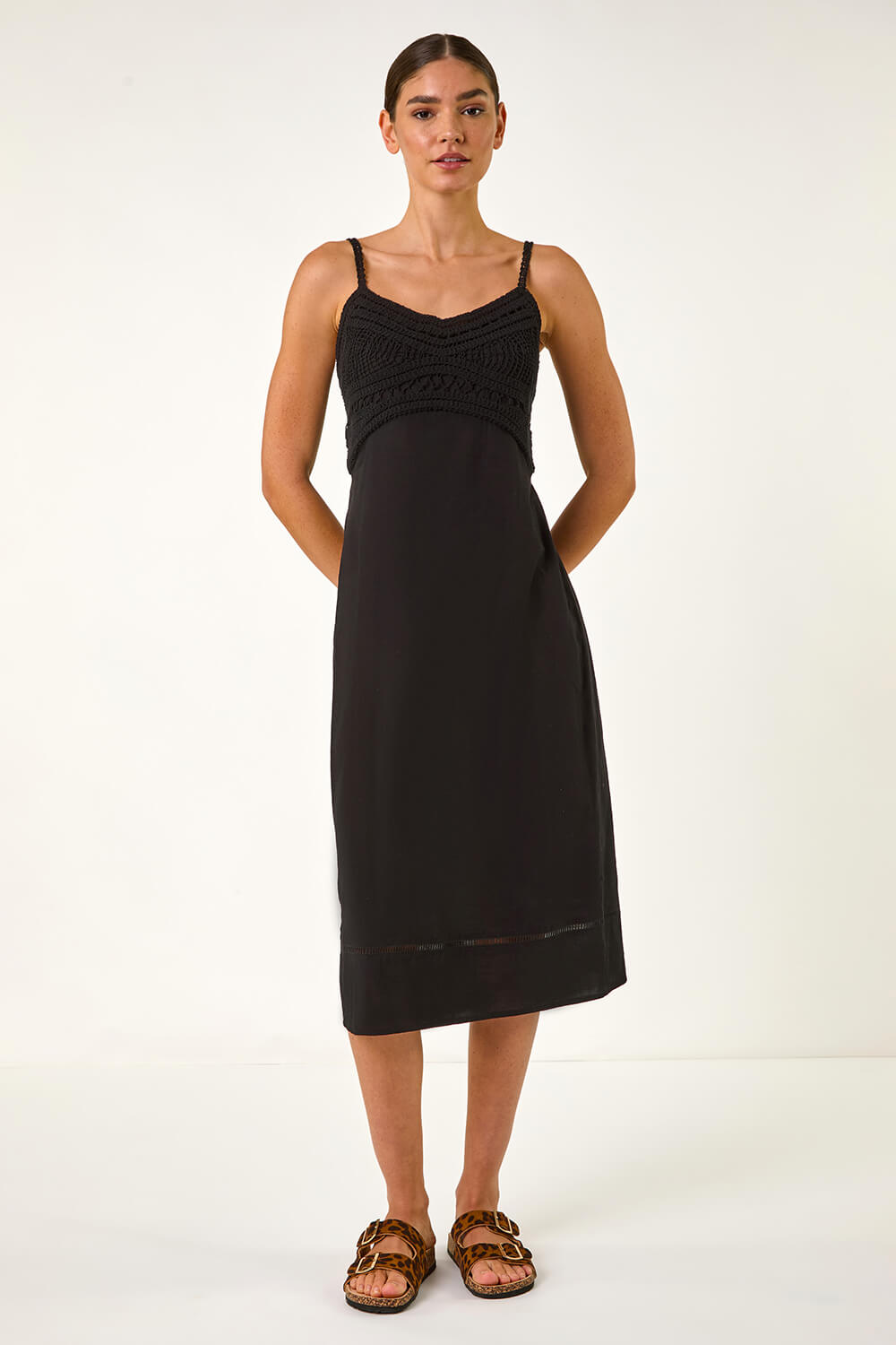 Black Lace Panel Strappy Midi Dress, Image 3 of 5
