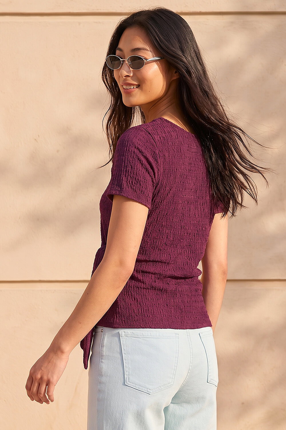 Wine Petite Textured Side Tie Stretch Top, Image 4 of 4