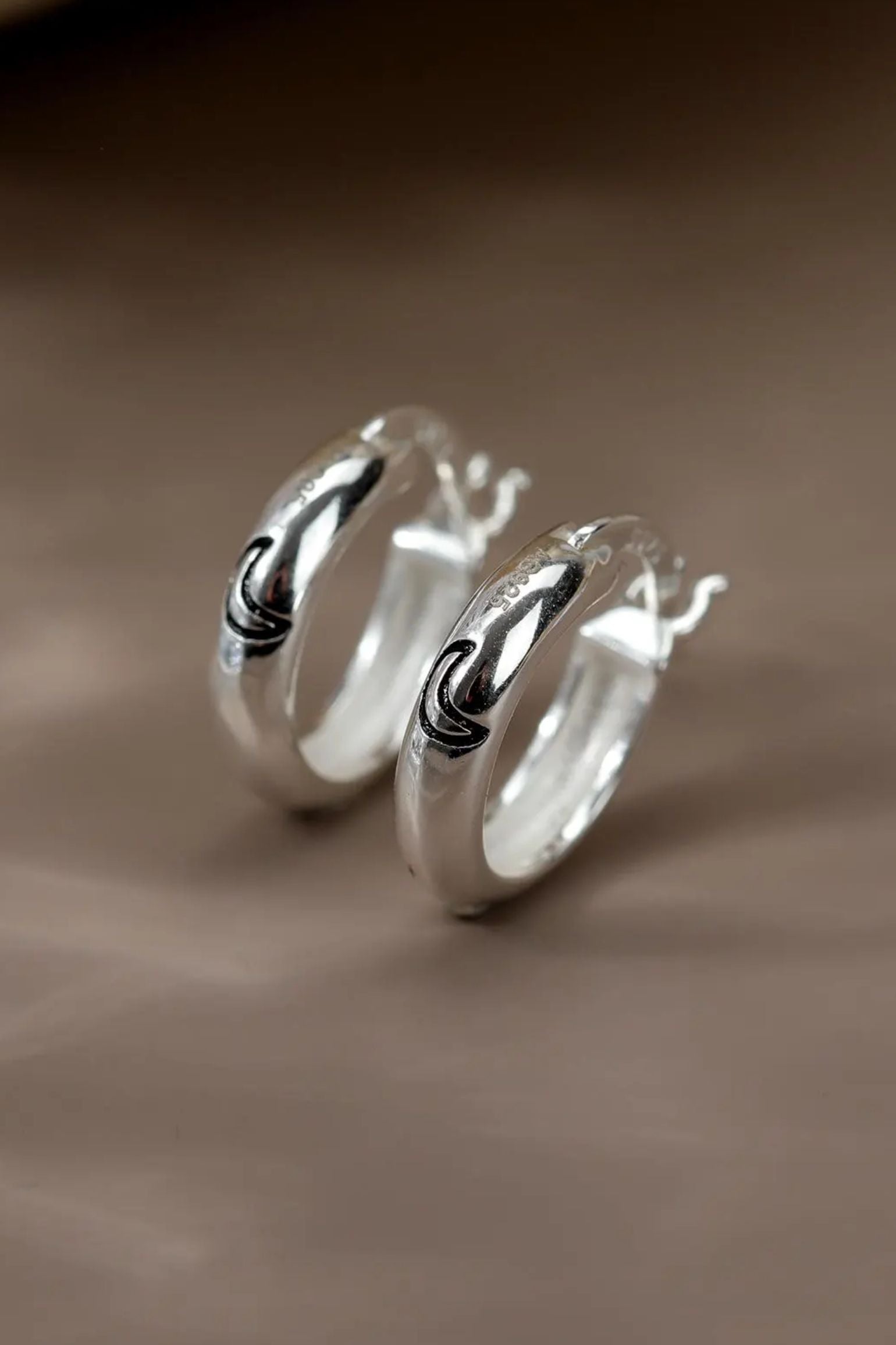 Silver Sterling Silver Engraved Moon Hoops, Image 3 of 3
