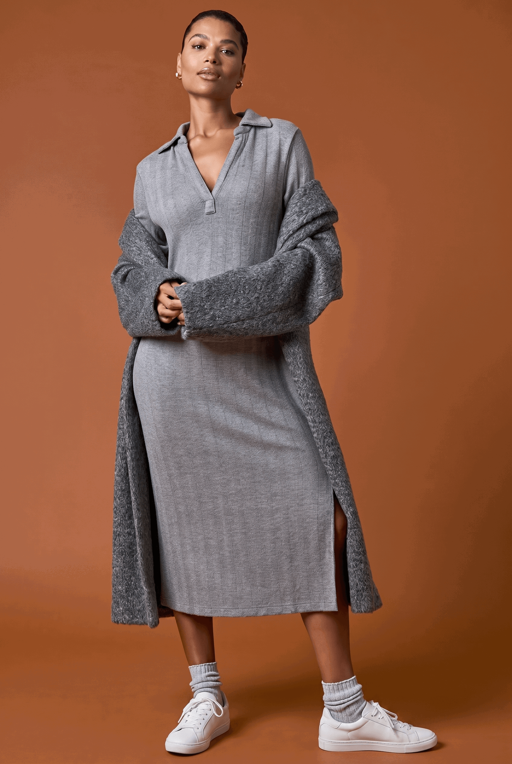 Grey Collar Ribbed Knit Midi Dress, Image 1 of 7
