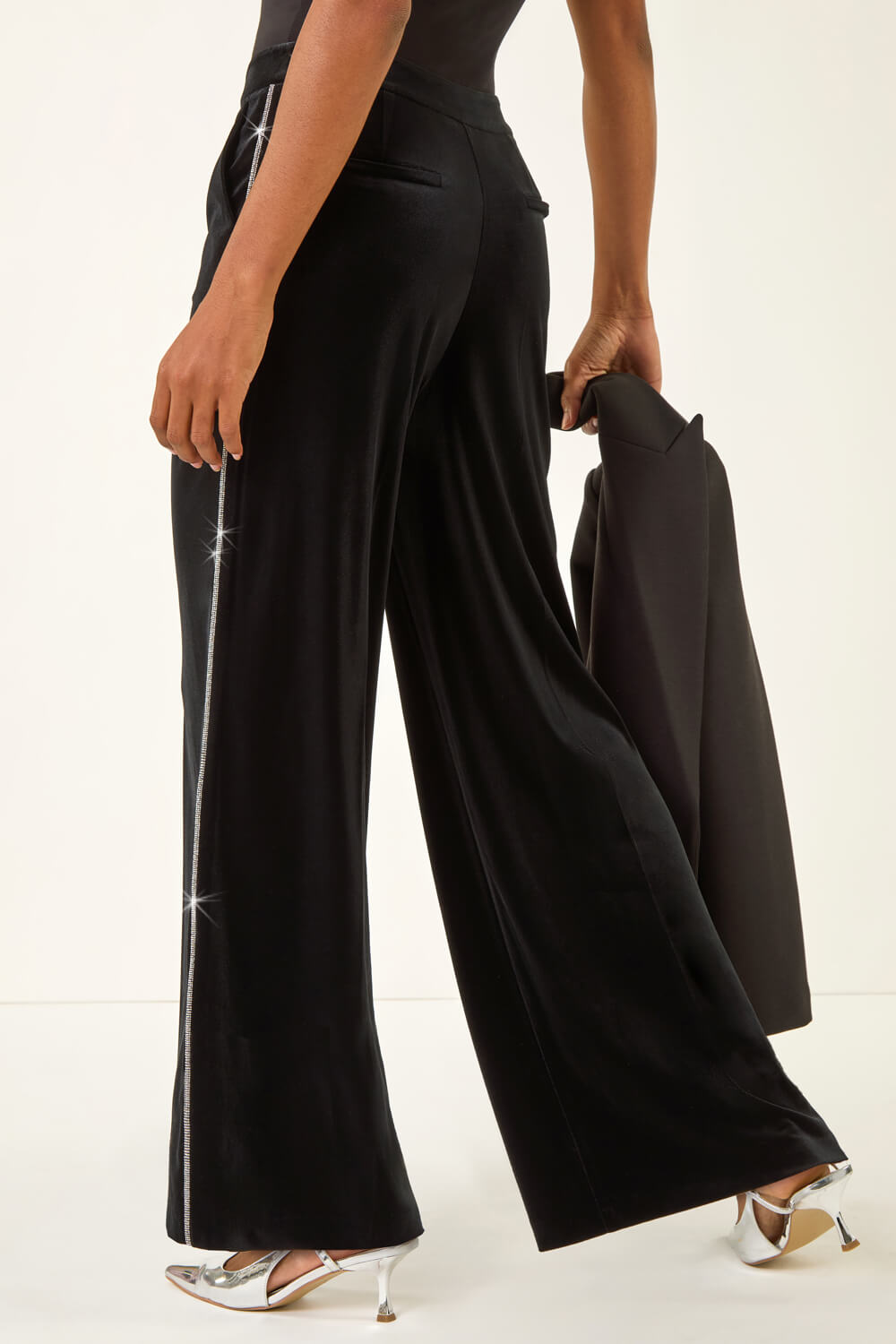 Black Velvet Diamante Side Trim Trouser, Image 5 of 5