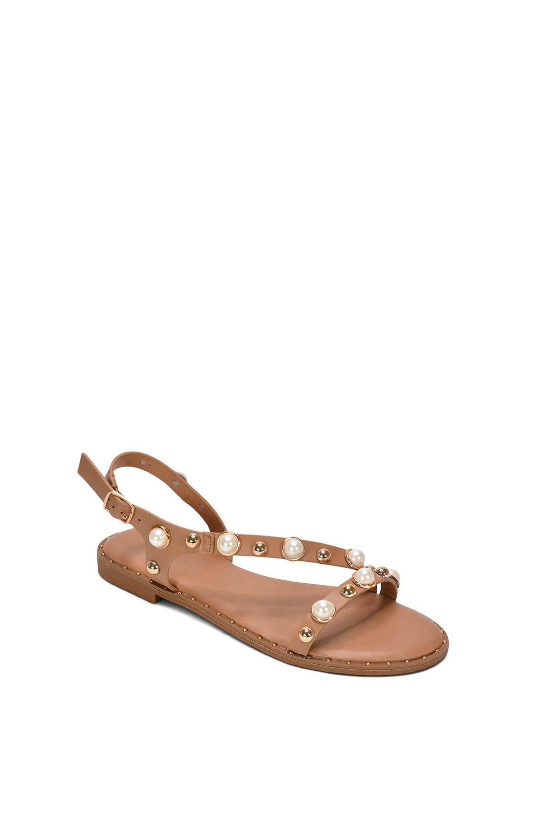 Nude XY LONDON Nude Flat Slingback Sandals With Studded Pearls, Image 2 of 6