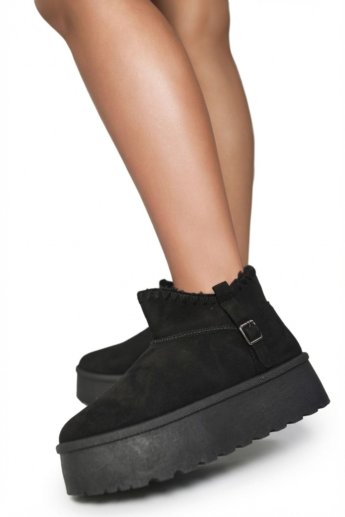 Black iKrush Black Debra Fur-lined Platform Ankle Boots, Image 1 of 3
