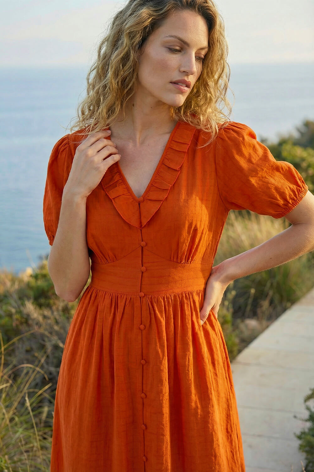 Orange Textured Frill Midi Dress, Image 3 of 4