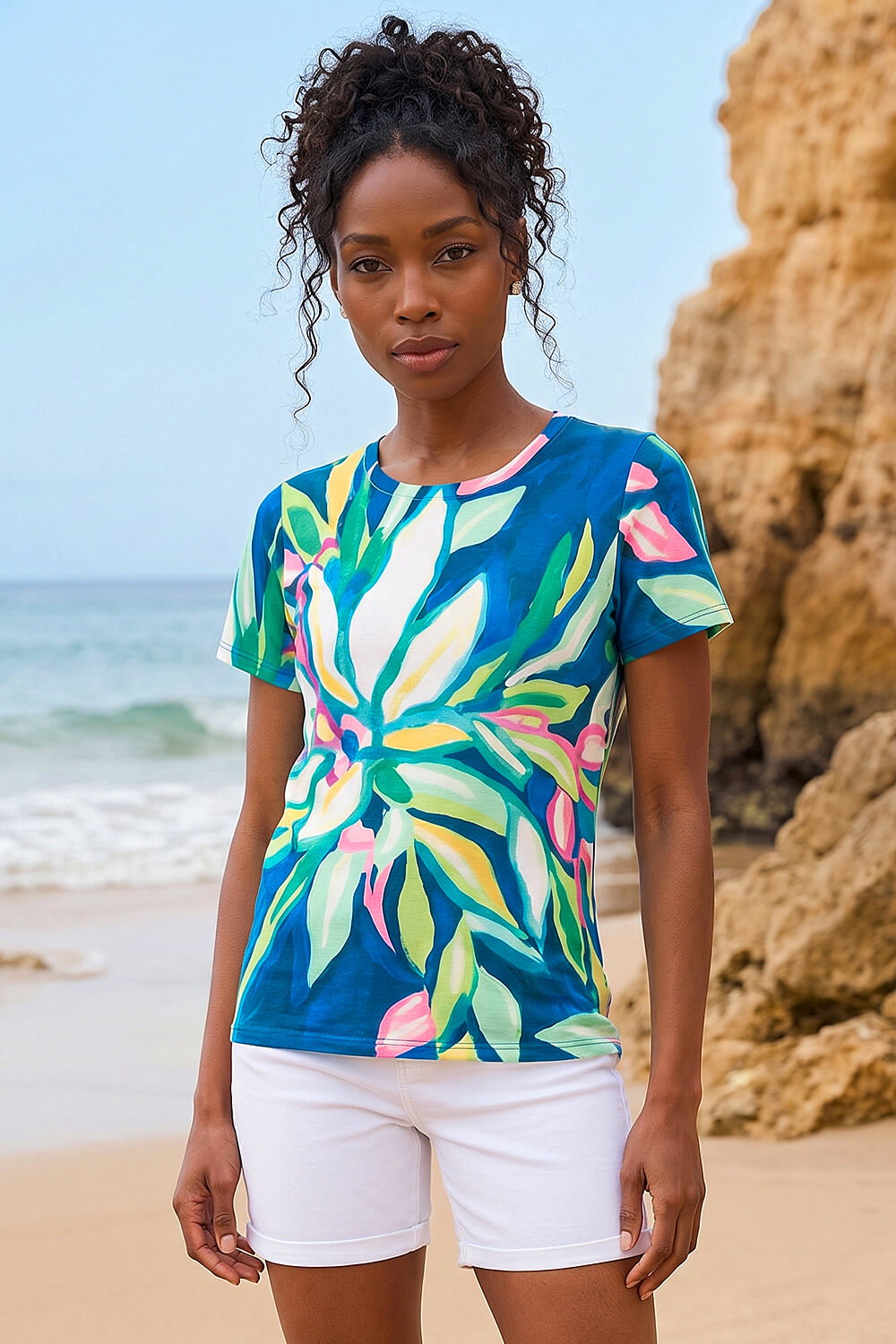 Green Floral Print Stretch Top, Image 1 of 4