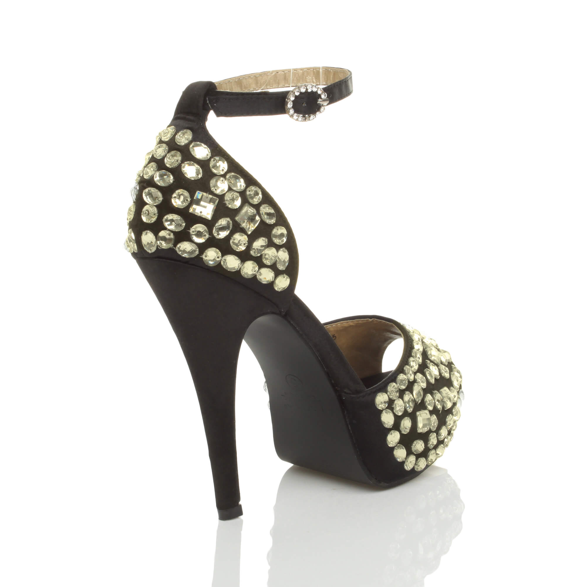 Black High Heel Gem Ankle Strap Peep Toe 2 Part Heels, Image 4 of 6