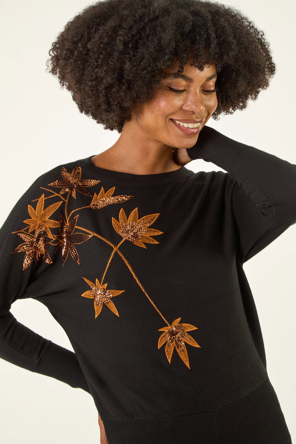 Black Sequin Floral Embroidered Knit Jumper, Image 1 of 5