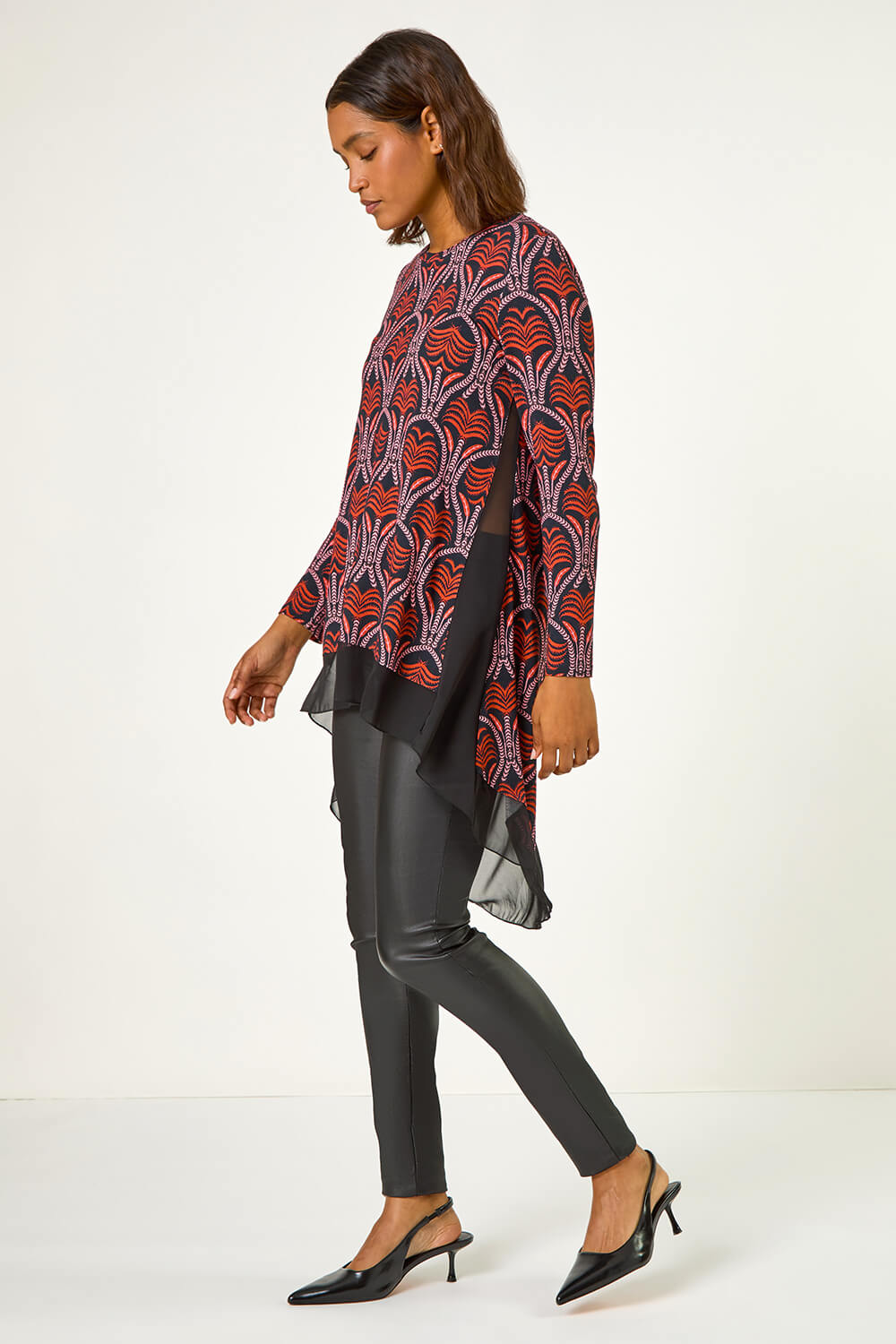 Red Chiffon Hem Printed Stretch Top, Image 3 of 5