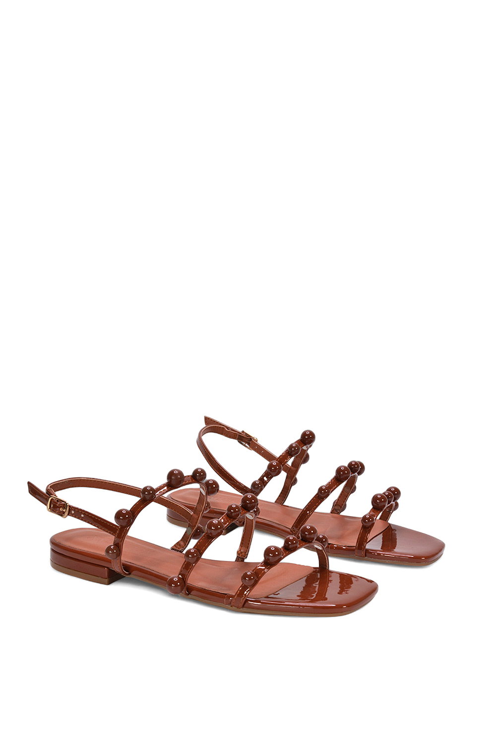 Brown XY LONDON Brown 'Pamela' Flat Strappy Sandals with Beaded Detail, Image 3 of 5