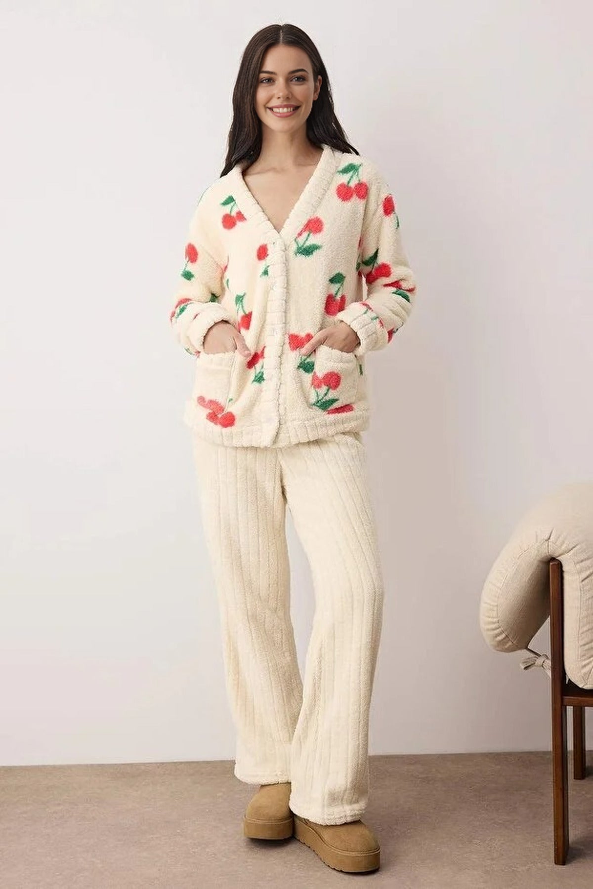 Multi Cherry Print Wellsoft Knit 2 Piece Pyjama Set, Image 1 of 3