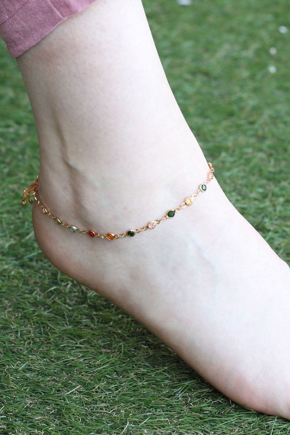 Gold Golden Brass Rounds Multicolour Beads Foot Indian Payal Anklet, Image 2 of 2