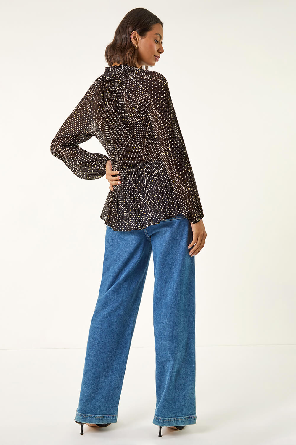 Black Spot Print Tie Neck Pleated Top, Image 4 of 5