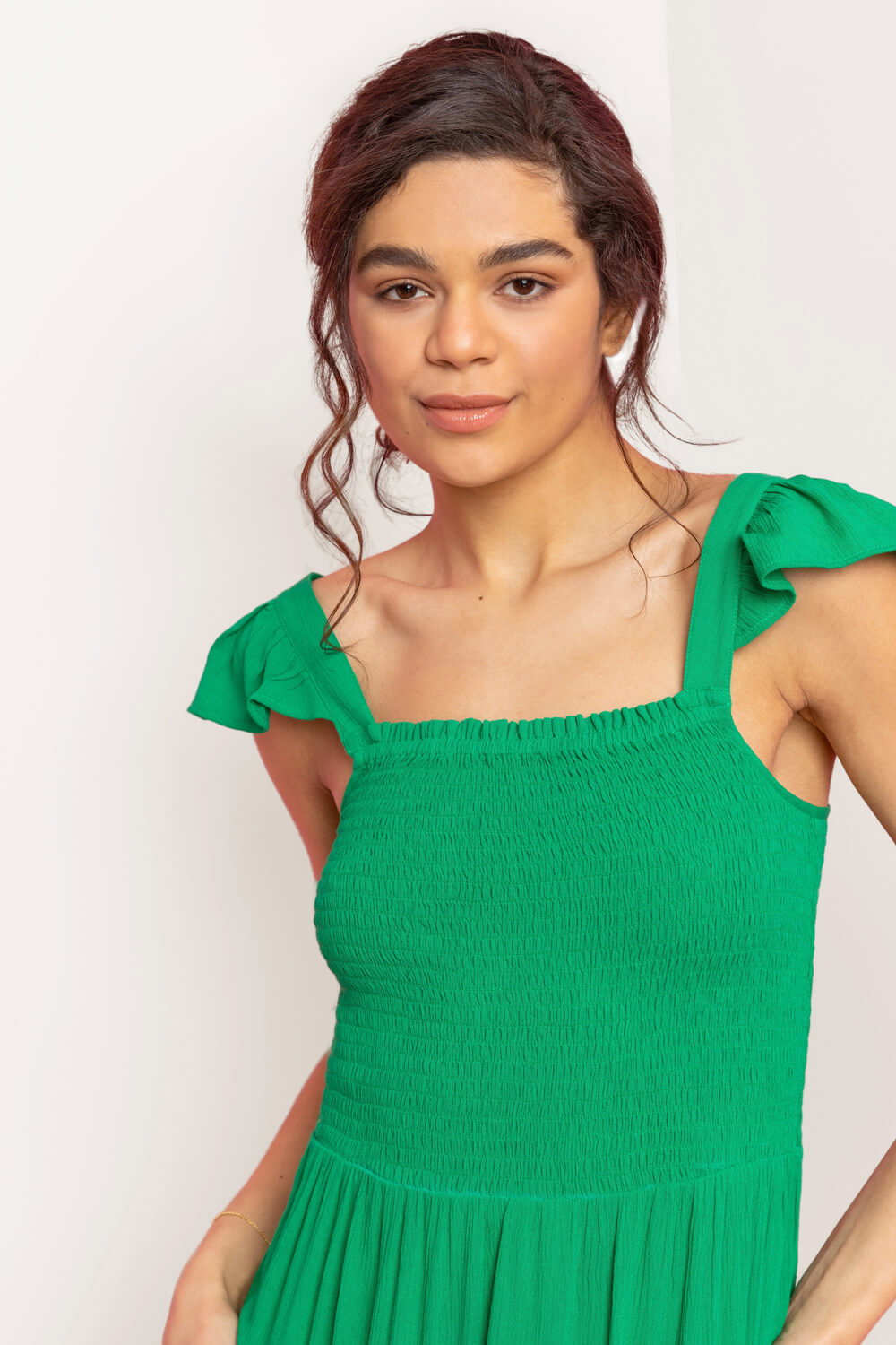 Green Shirred Bodice Frill Detail Midi Dress, Image 5 of 4