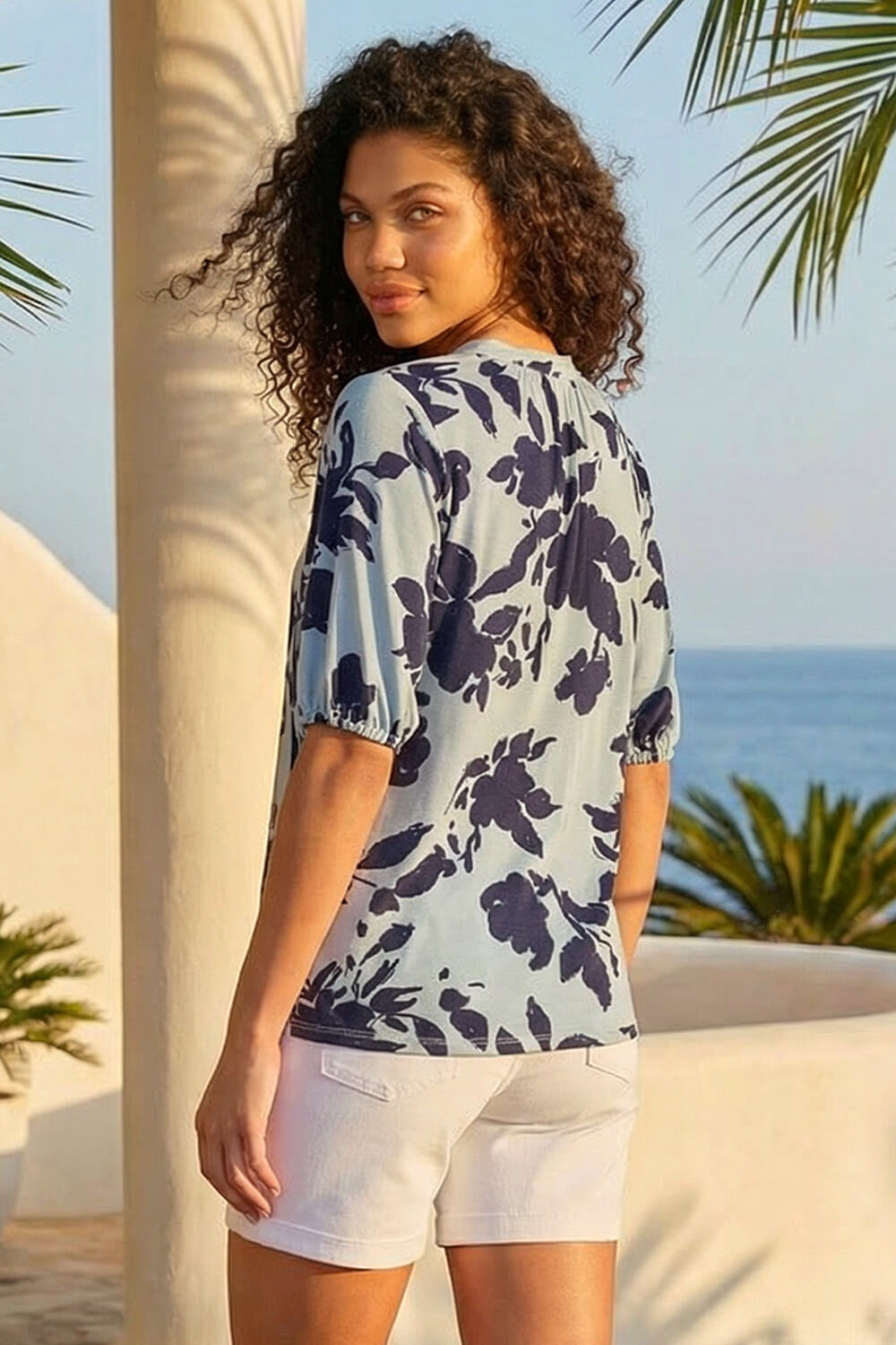 Blue Petite Floral Tie Front Top, Image 4 of 4