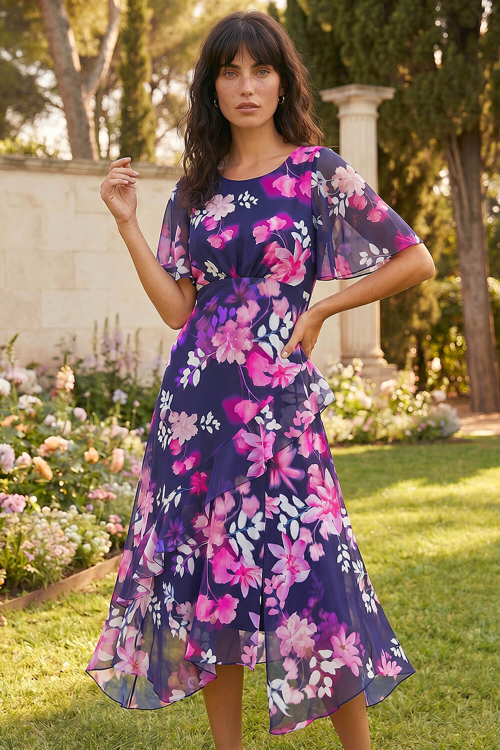 Roman Women's Navy Floral Chiffon Frill Asymmetric Midi Dress Size 20