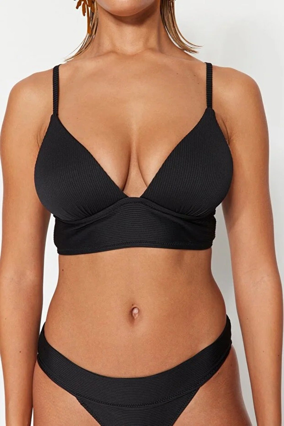 Black Textured Push Up Triangle Bikini Top with Supportive Underband, Image 4 of 5
