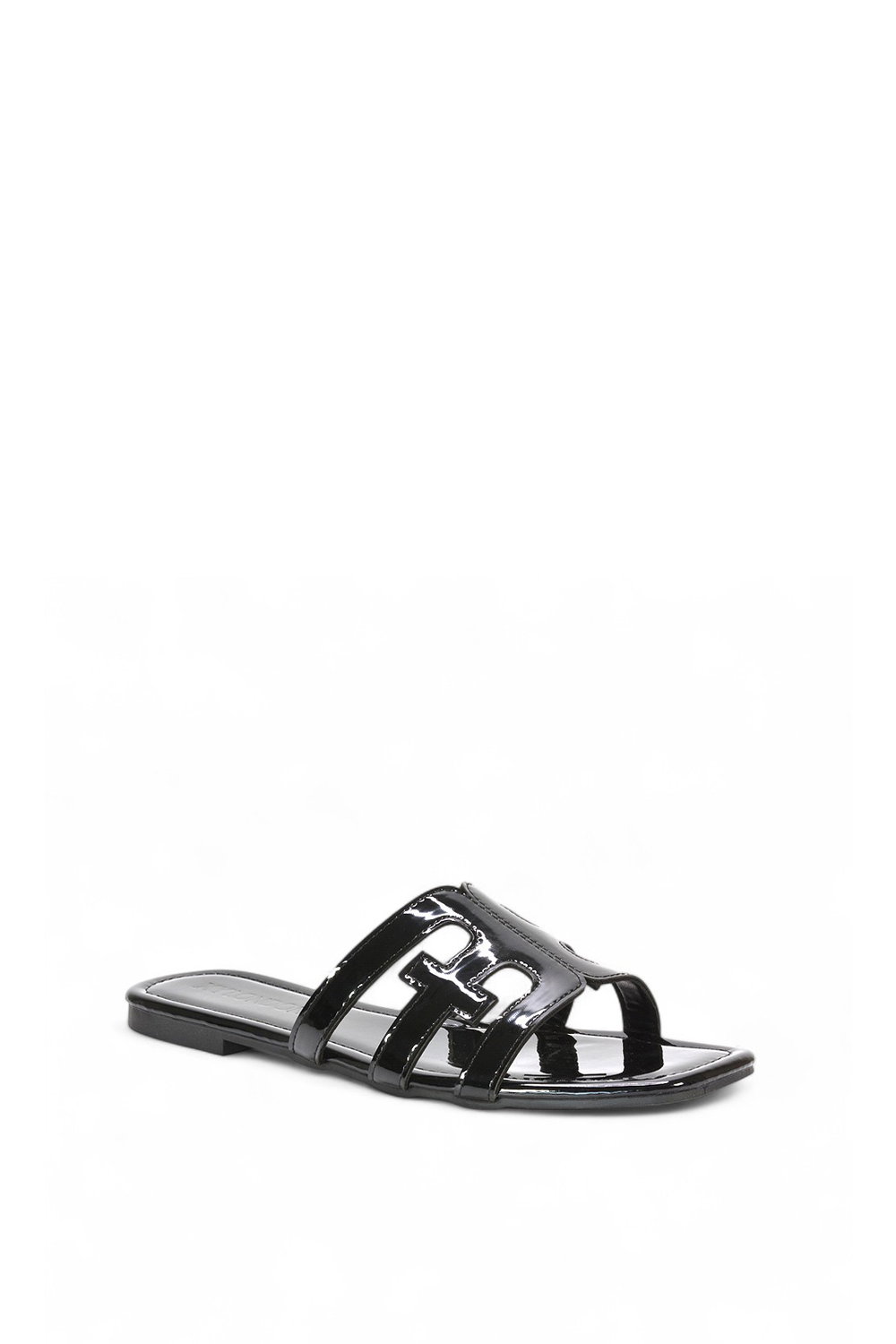 Black XY LONDON Black 'Ellie' Square Toe Cut Out Strap Flat Sandal Slides, Image 2 of 5