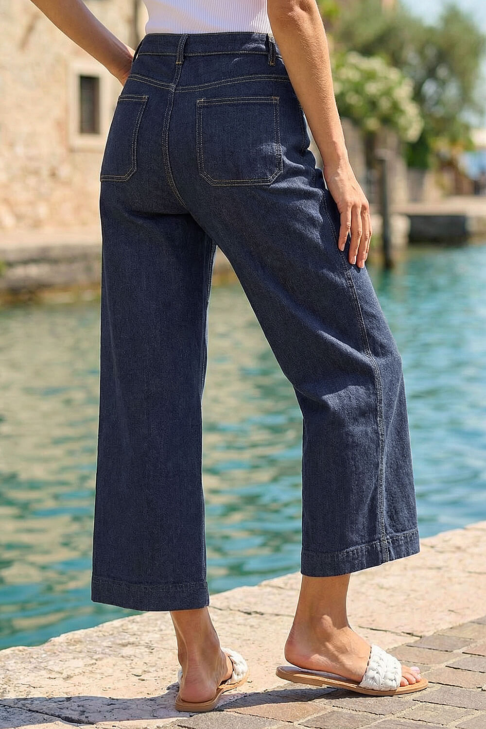 Indigo Wide Leg Stretch Cropped Denim Culottes, Image 4 of 4