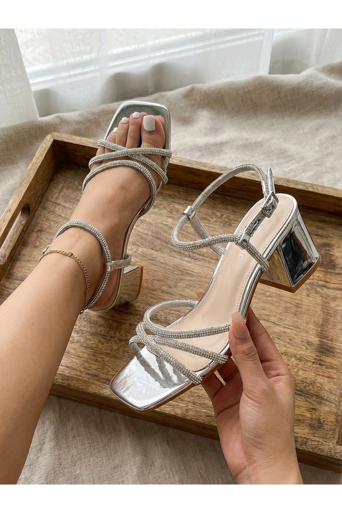 Silver iKrush Silver Willow Rhinestone Block Heel Sandals, Image 2 of 8