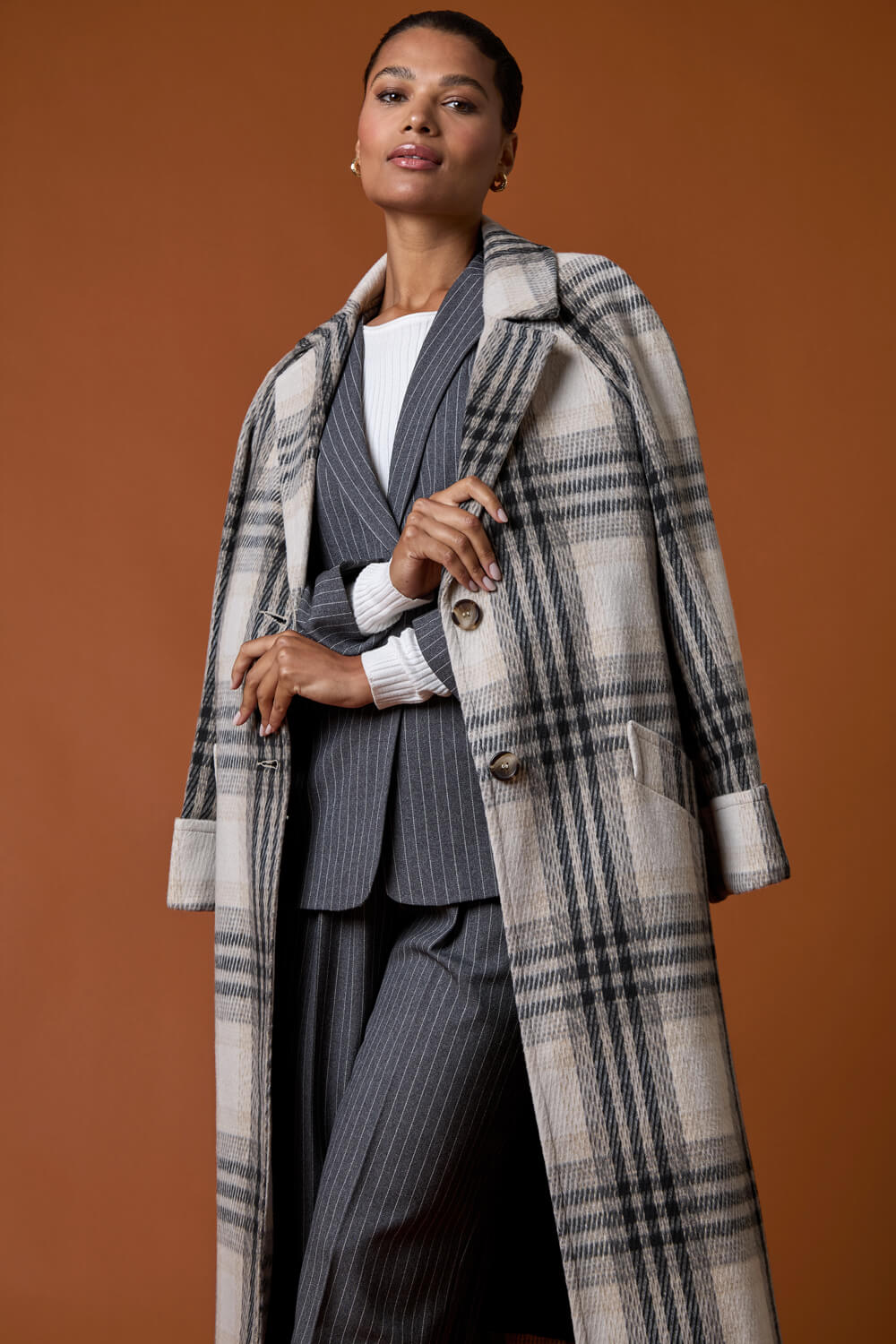 Ivory Check Print Longline Coat, Image 1 of 7