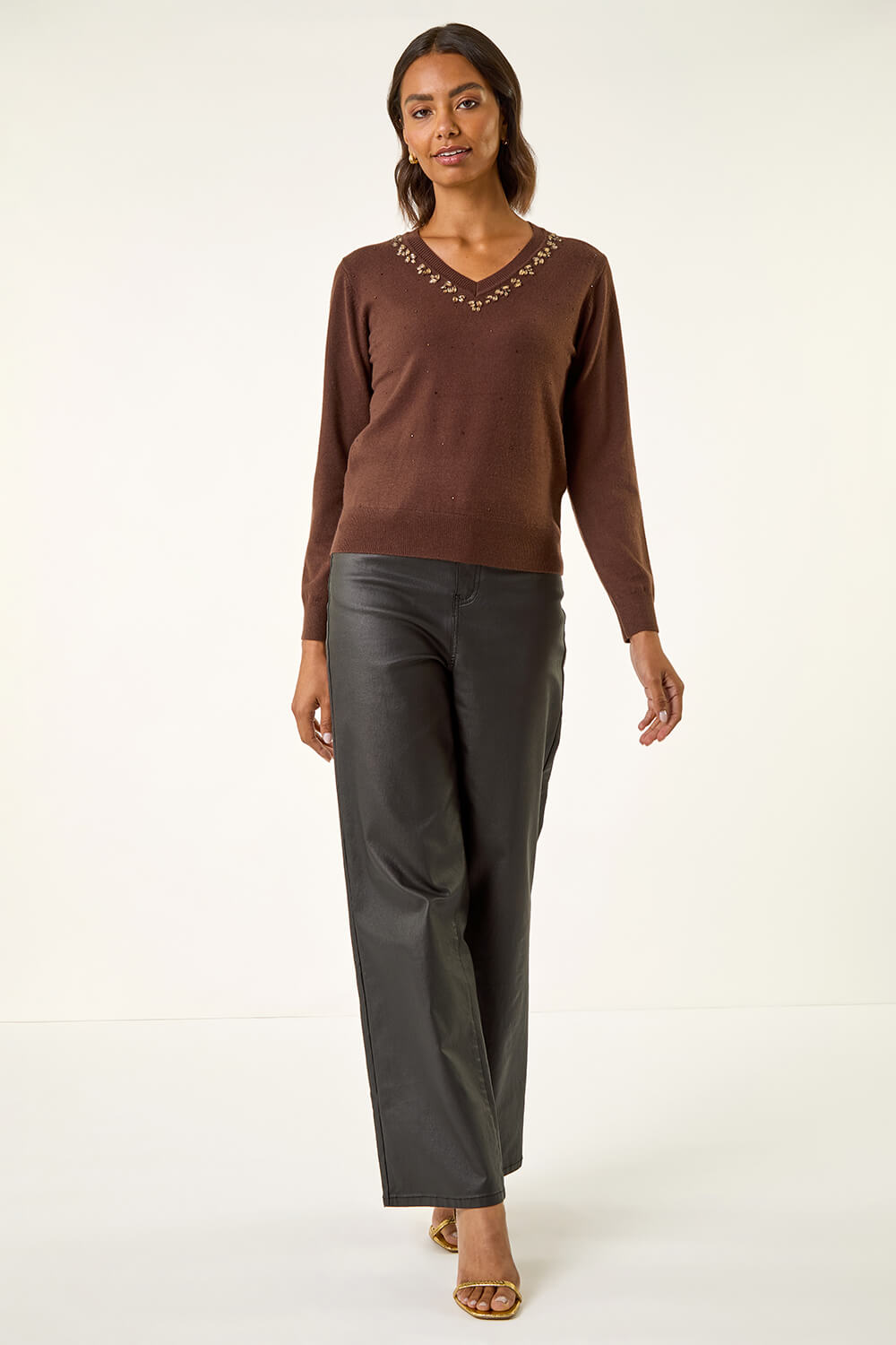 Chocolate V-Neck Sparkly Knit Jumper, Image 3 of 5