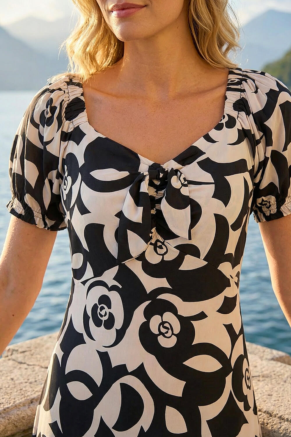 Ivory Rose Print Ruched Midi Dress, Image 5 of 4