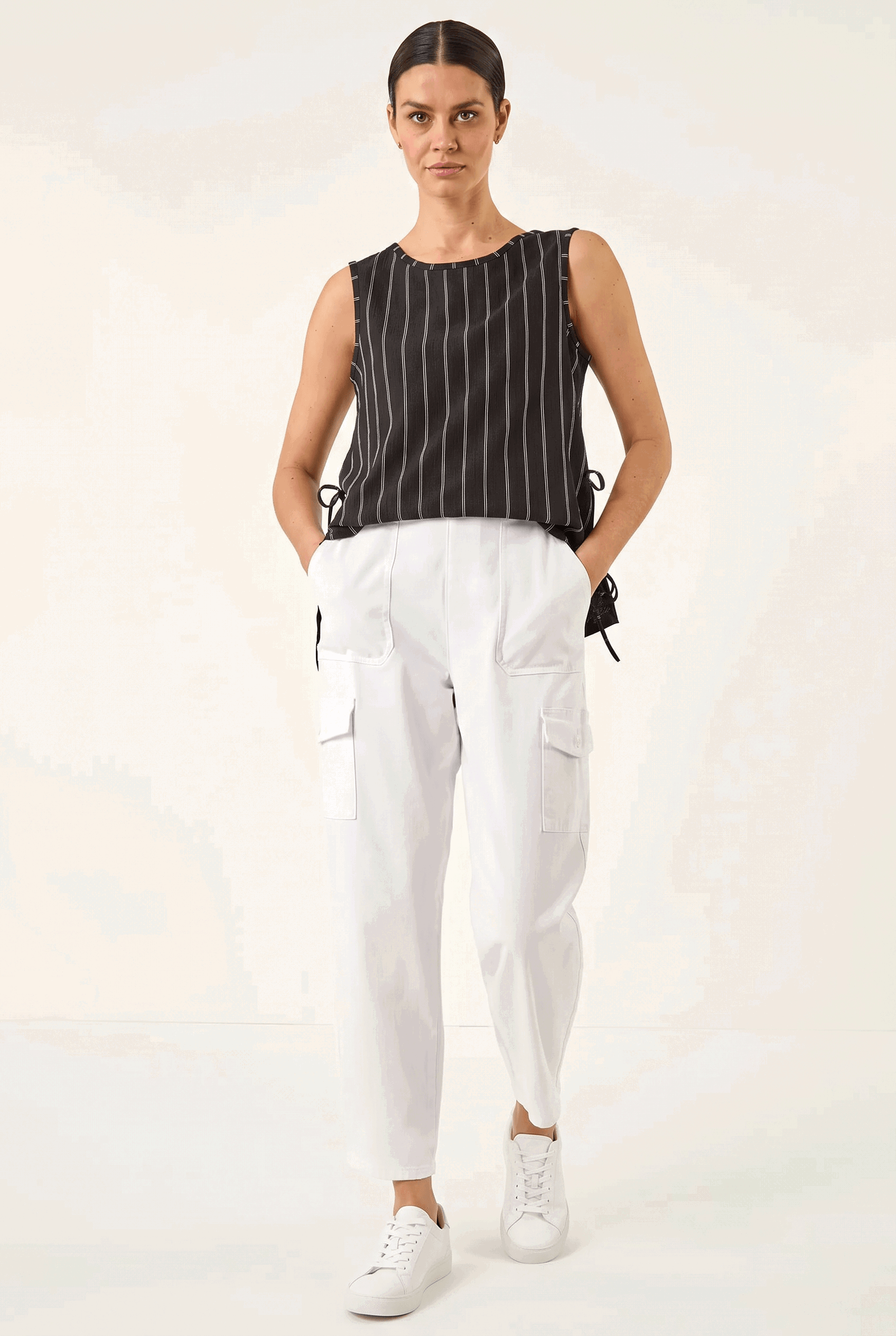 White Casual Elastic Waist Cargo Stretch Trousers, Image 1 of 6