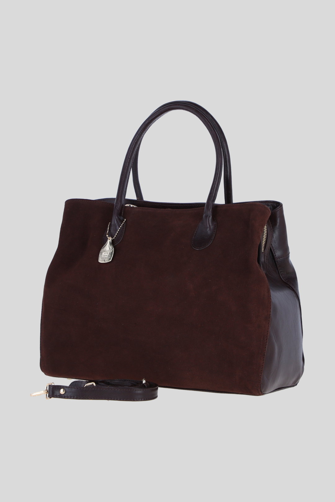 Brown Real Leather and Suede Large Handbag with Detachable Strap, Image 2 of 4