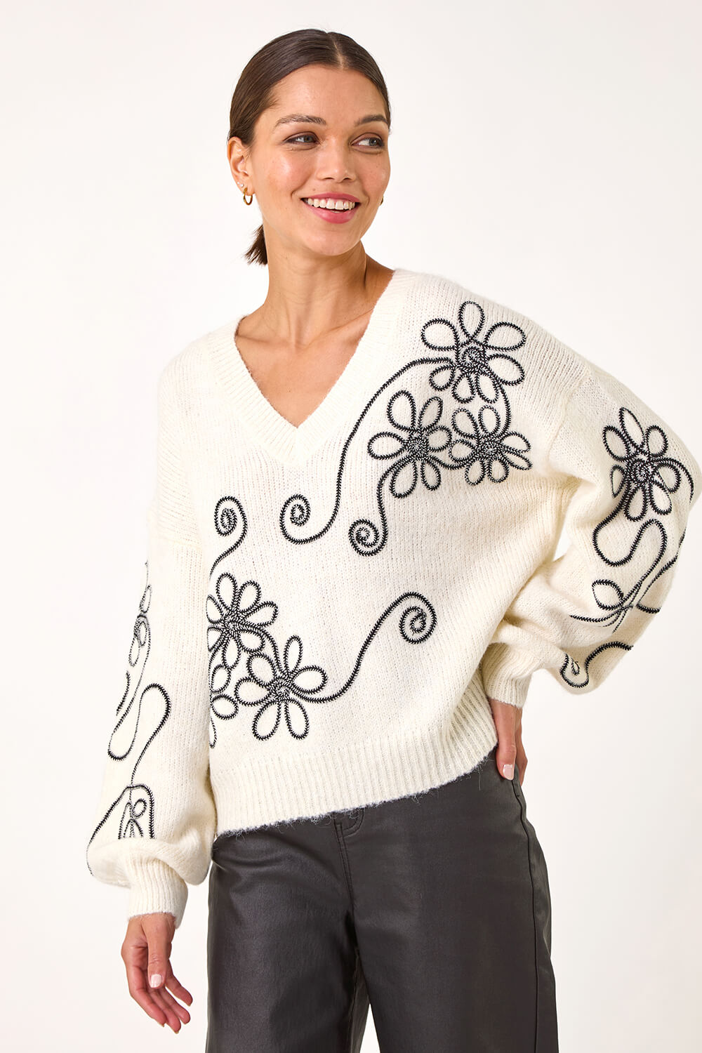 Ivory Contrast Swirl Floral Knit Jumper, Image 5 of 5