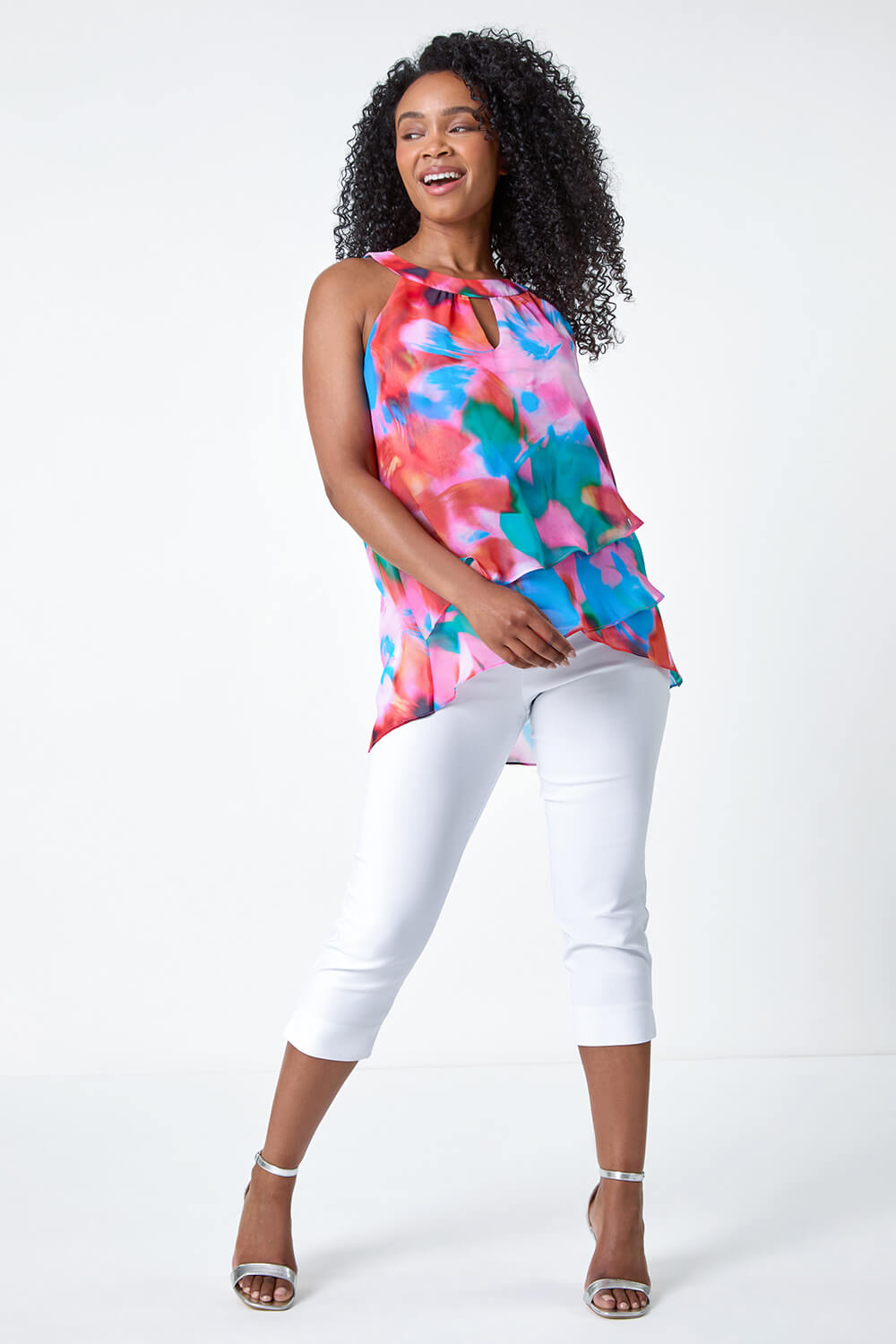Pink Petite Floral Print Halter Neck Top, Image 3 of 5