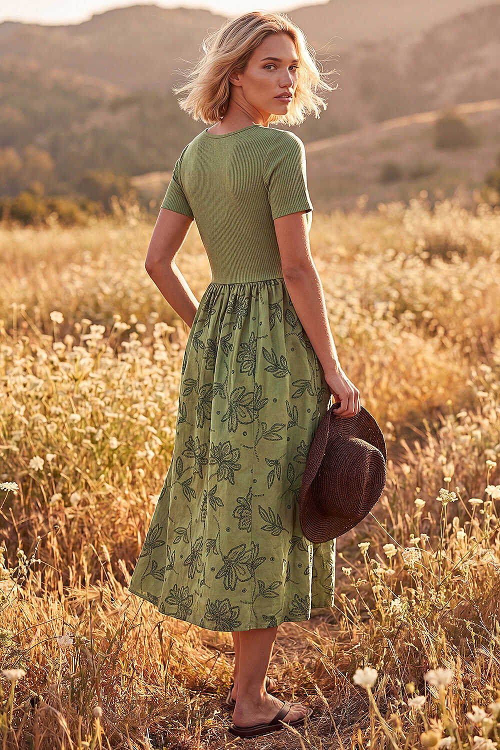 Khaki Floral Print Pocket Midi Dress , Image 4 of 4