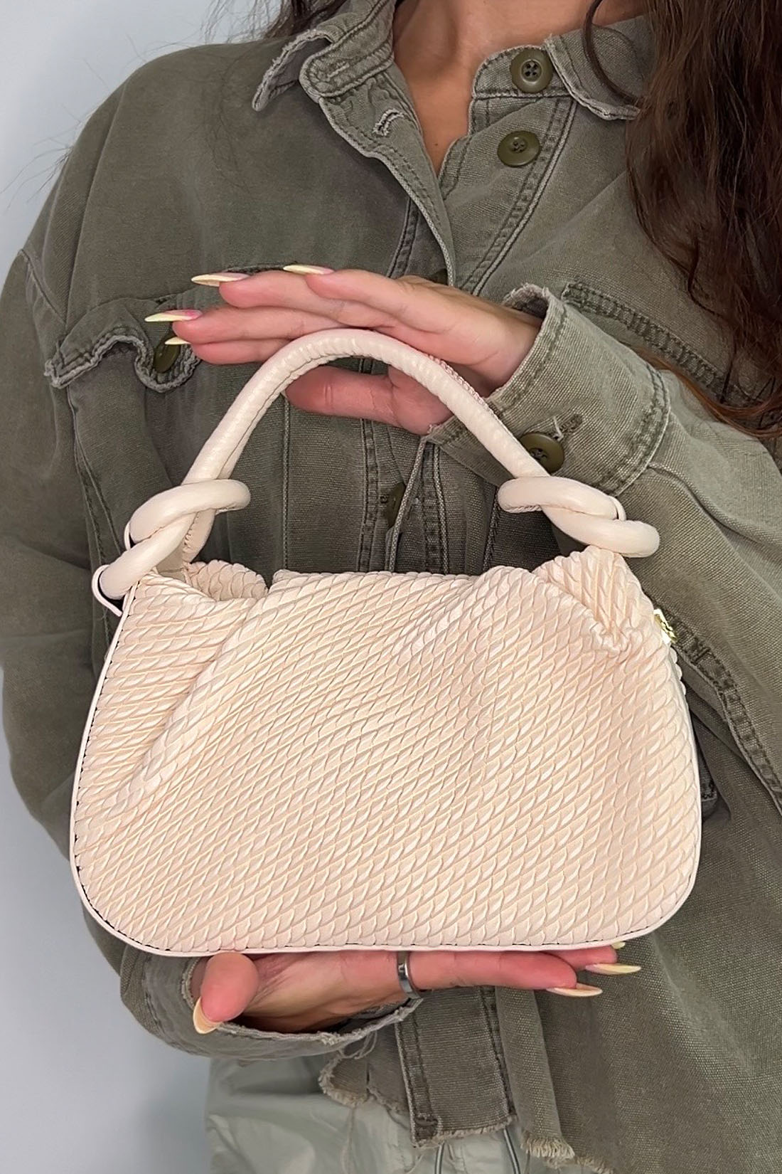 Beige Woven Mini Bag With Handle and Body Strap, Image 3 of 5
