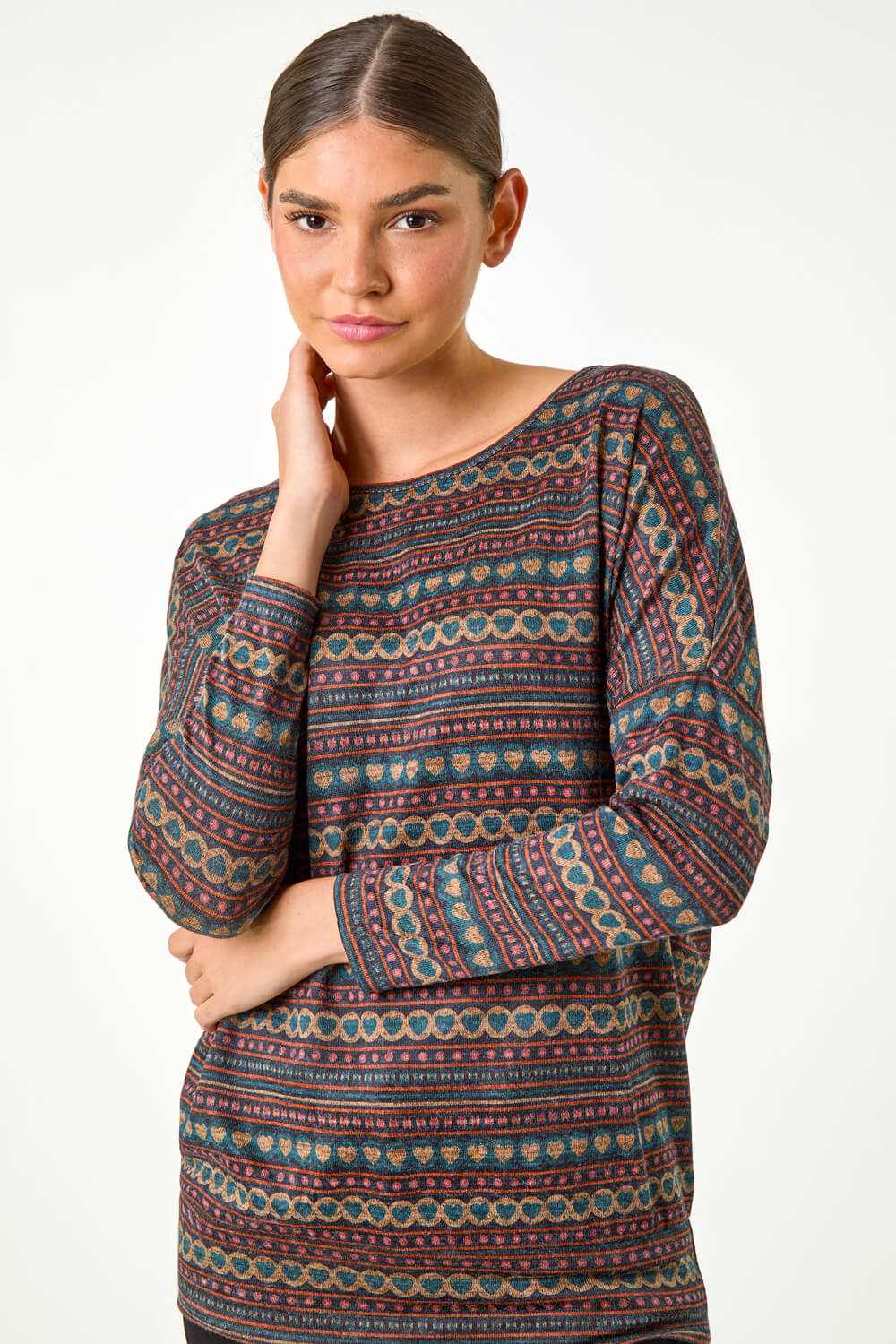 Navy Heart Print Drop Shoulder Stretch Top, Image 5 of 5