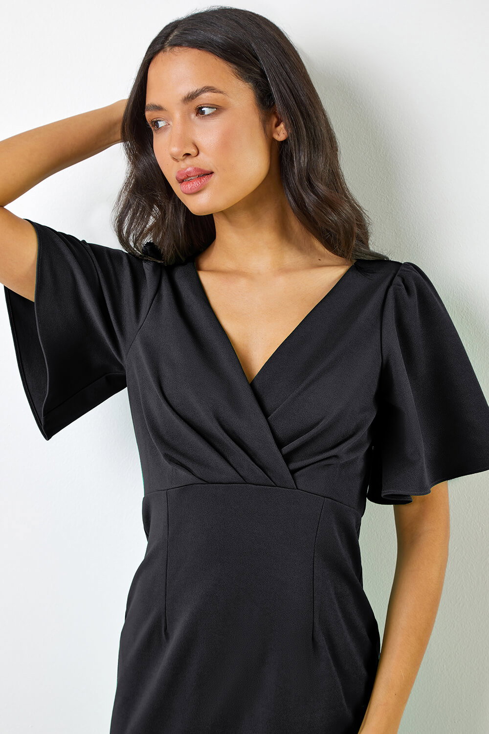 Black Gathered Wrap Front Midi Dress, Image 6 of 5
