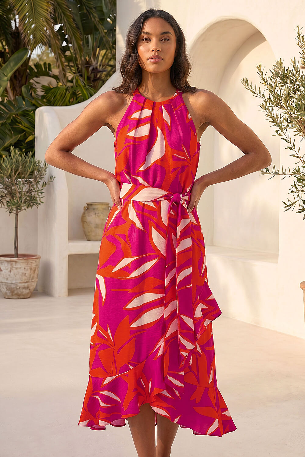 Cerise Floral Print Frill Wrap Midi Dress, Image 4 of 4