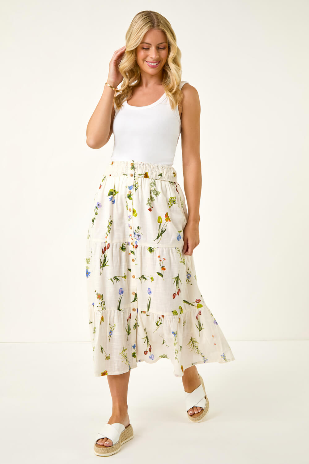 White Petite Floral Print Shirred Midi Skirt, Image 4 of 5
