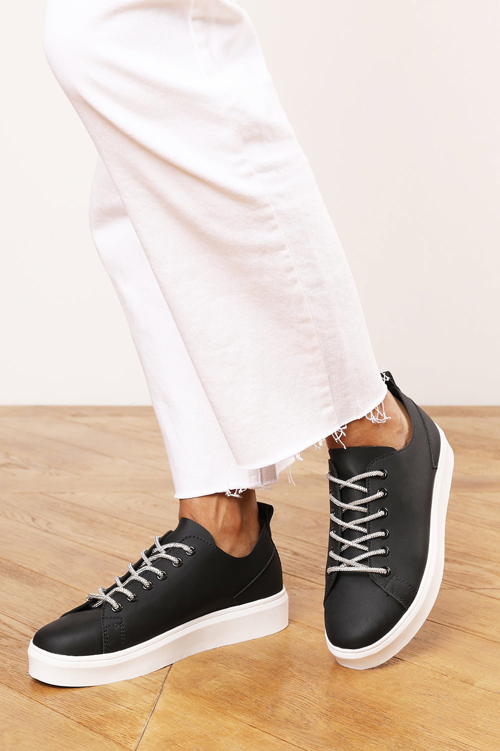 Black 'Florina' Low Wedge Trainer with Lace Up Detail, Image 1 of 6