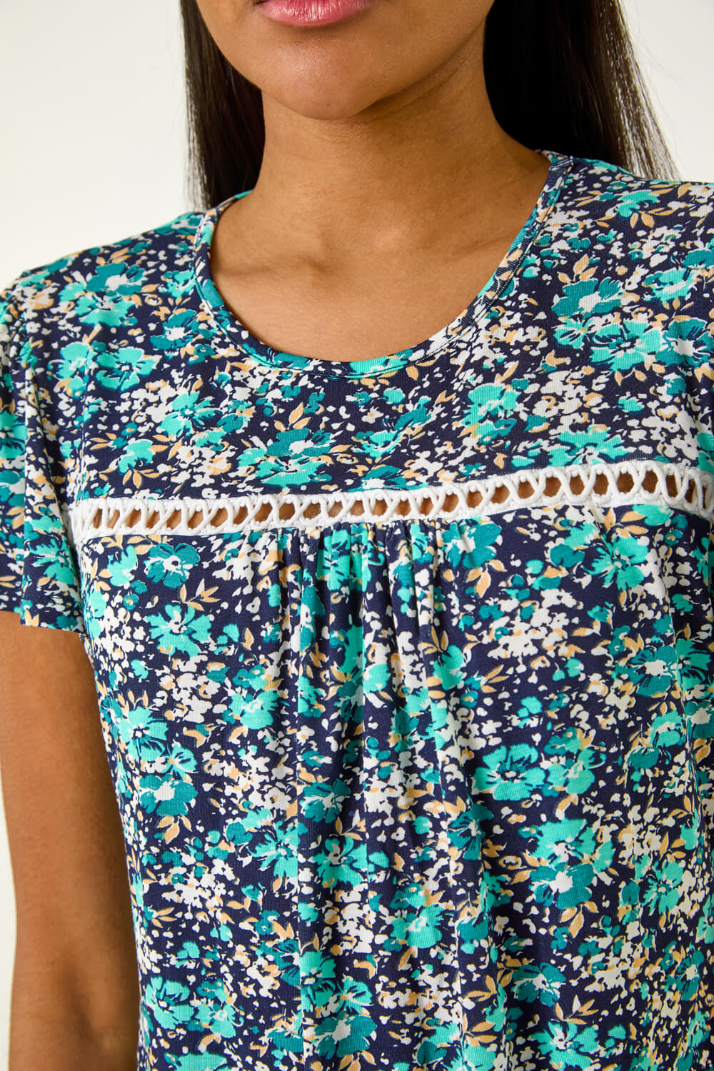 Navy Floral Print Ladder Trim Stretch Top, Image 6 of 5