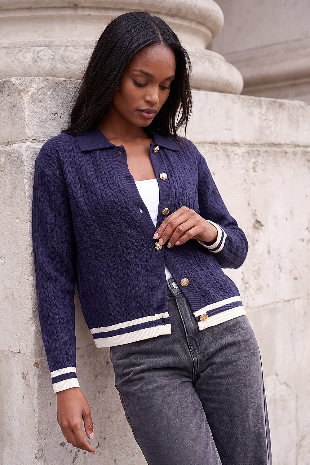 Roman Women's Navy Cable Collared Knit Cardigan Size 20