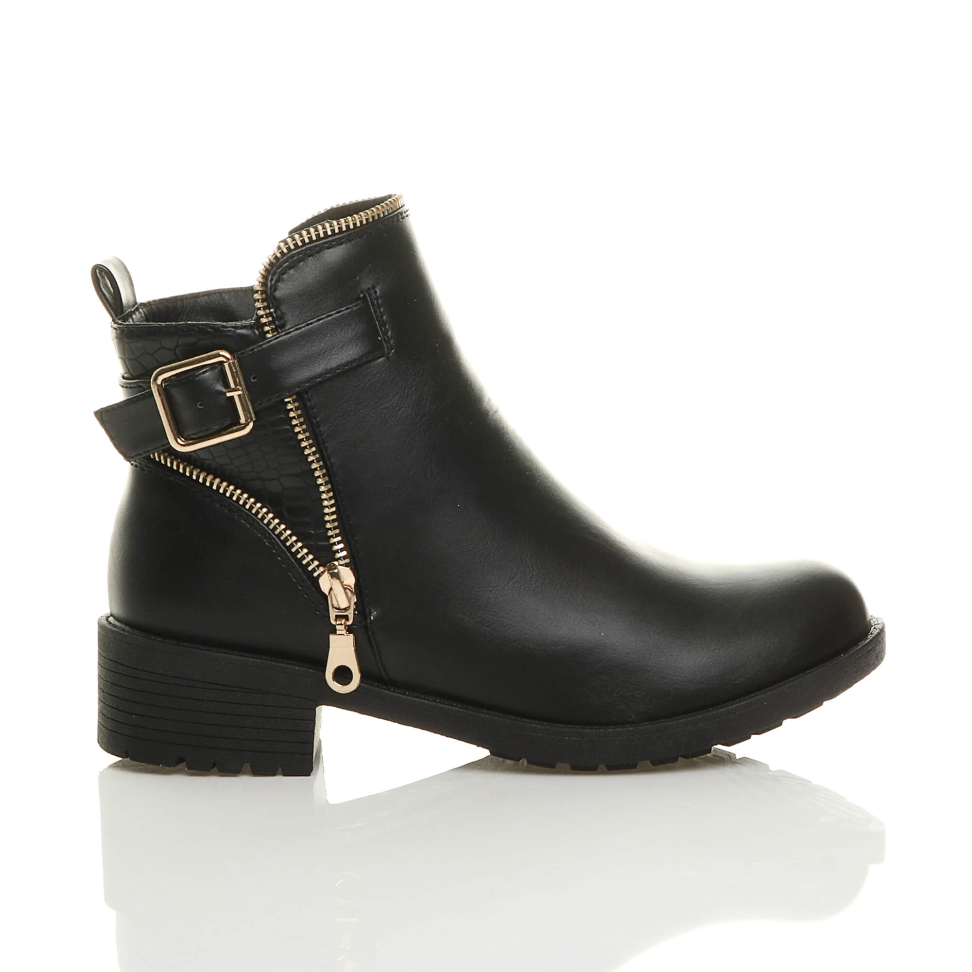 Black Low Heel Gold Zip Ankle Boots, Image 2 of 6